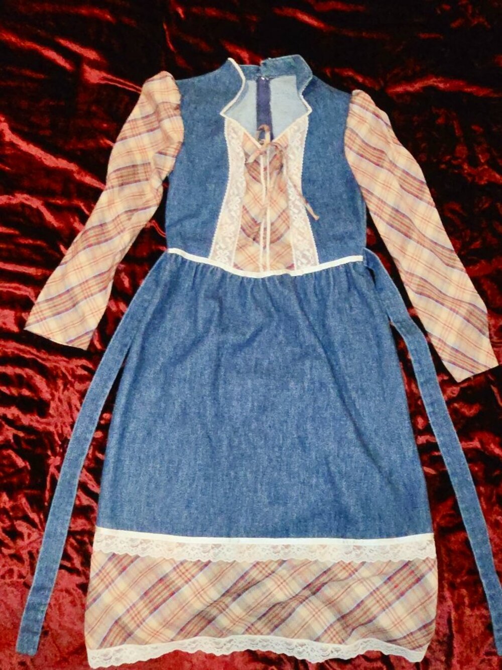 Vintage Made in USA Denim Plaid Lace Prairie Western Dress Size 9
